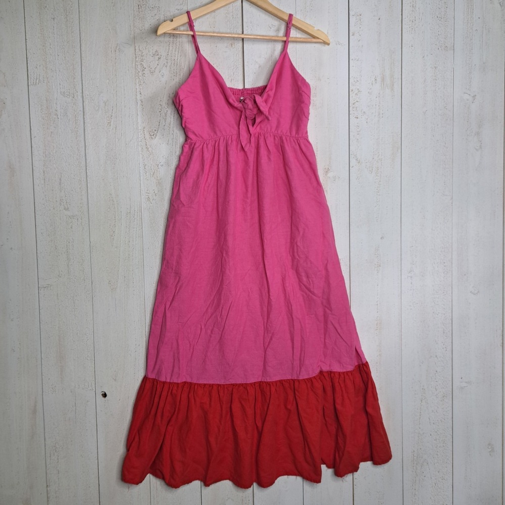 Romantic Dopamine Colorblock Tie Front Linen Maxi Dress Women's M Tabitha Brown